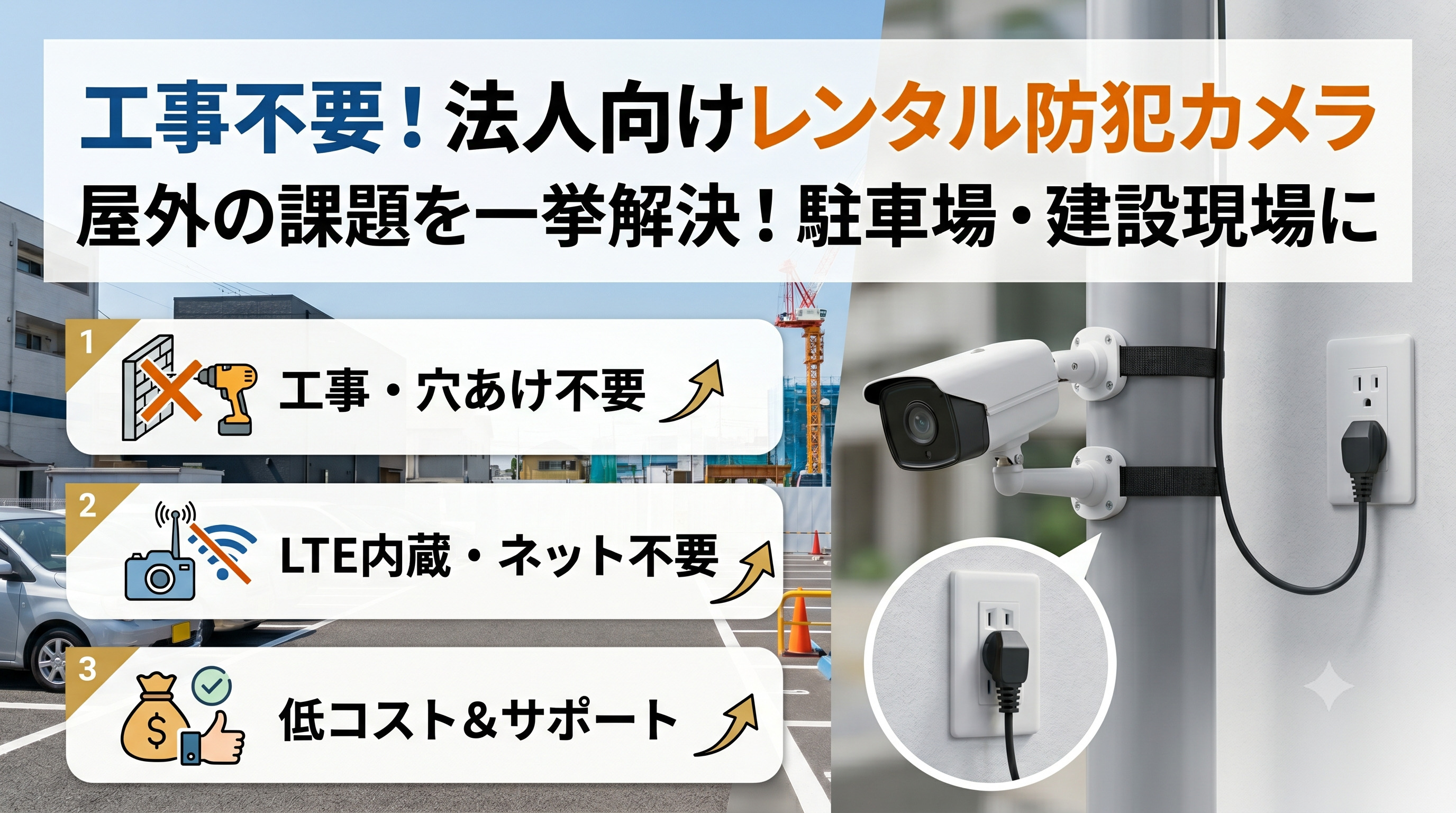 屋外の防犯カメラを工事不要で設置するには？法人向けレンタルの選び方